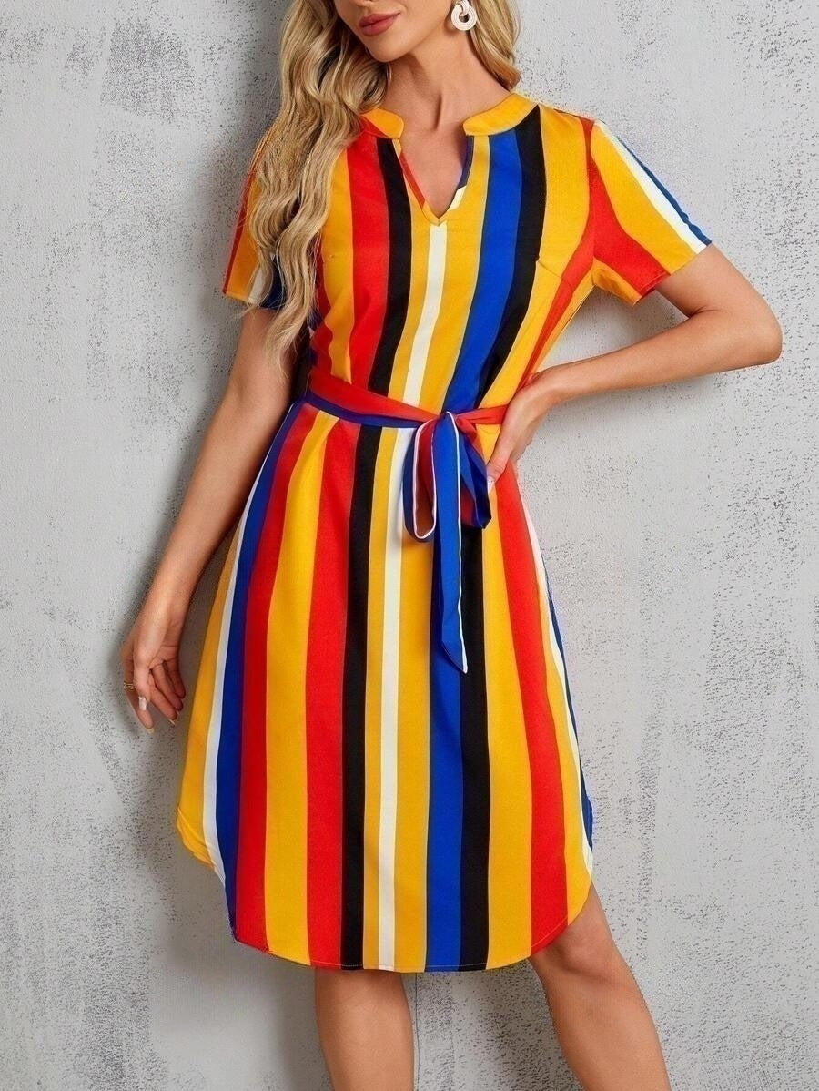 Summer New Short Sleeve Striped Casual V-neck Dress