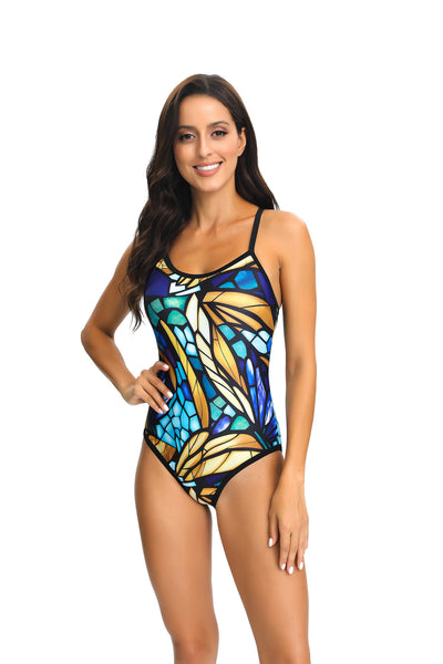 Printed Siamese Triangle Cross Adjustable Shoulder Strap Swimsuit